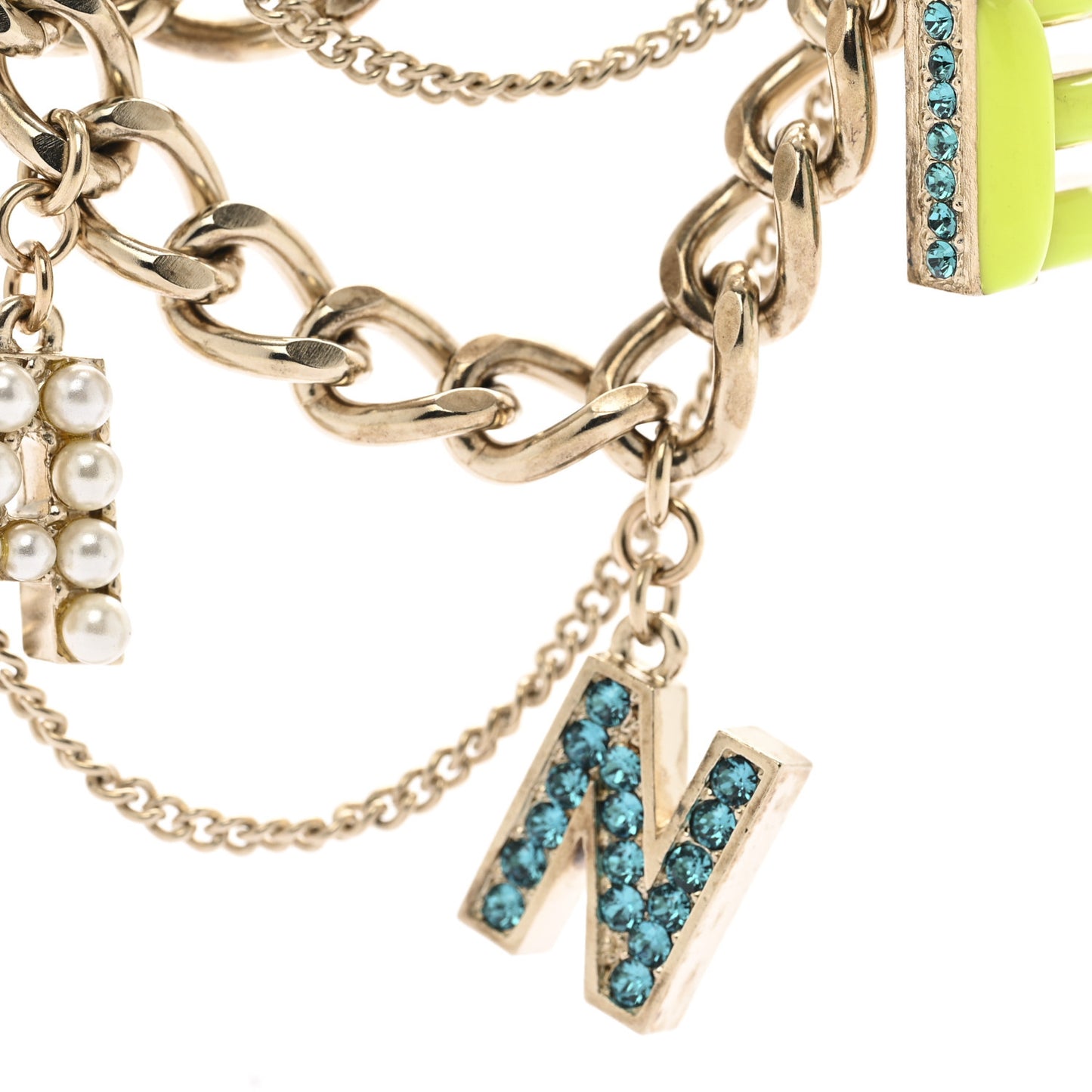 Resin Pearl Crystal Logo Multi Chain Long Express Necklace Gold Multicolor