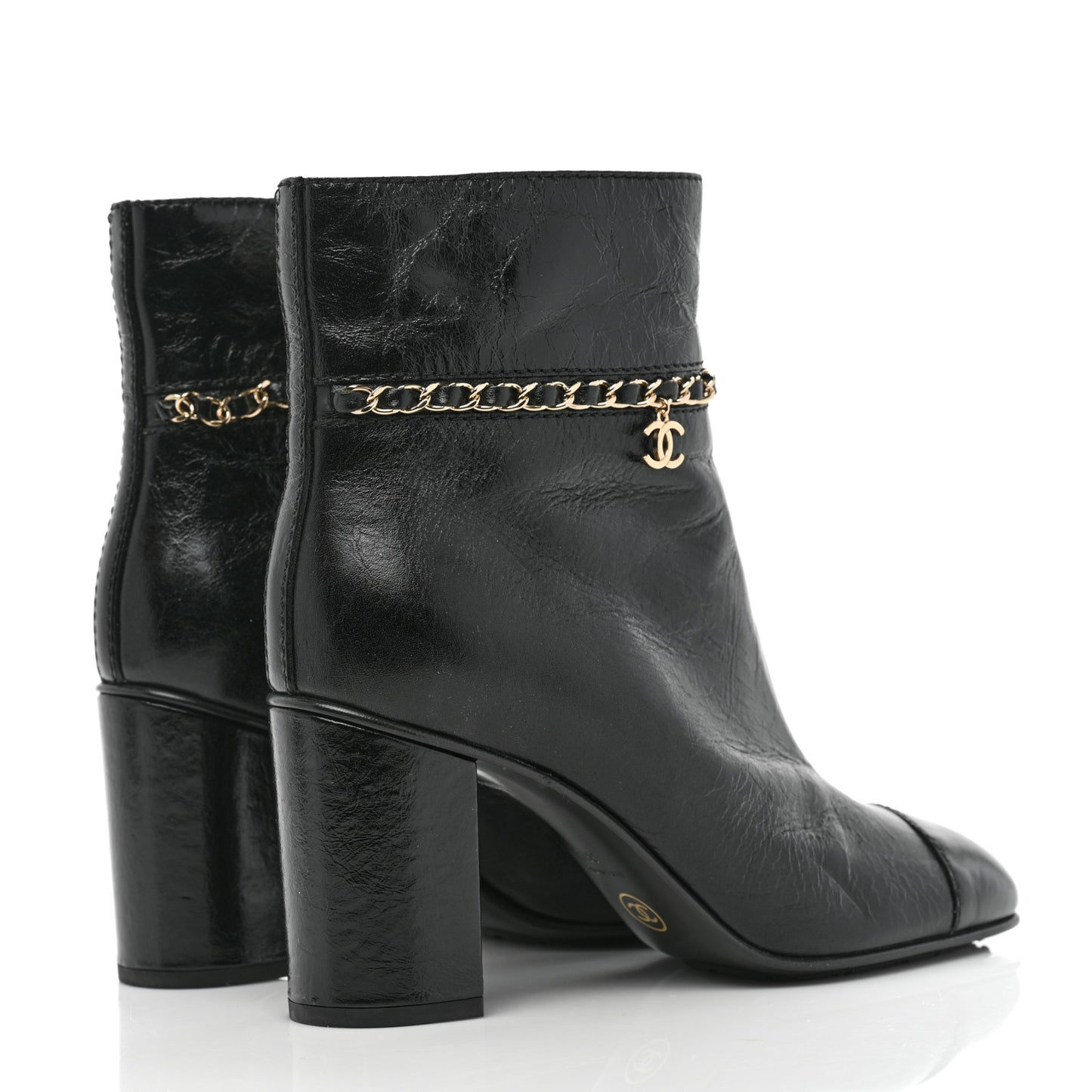 Crumpled Calfskin Cap Toe Chain Short Boots 38.5 Black