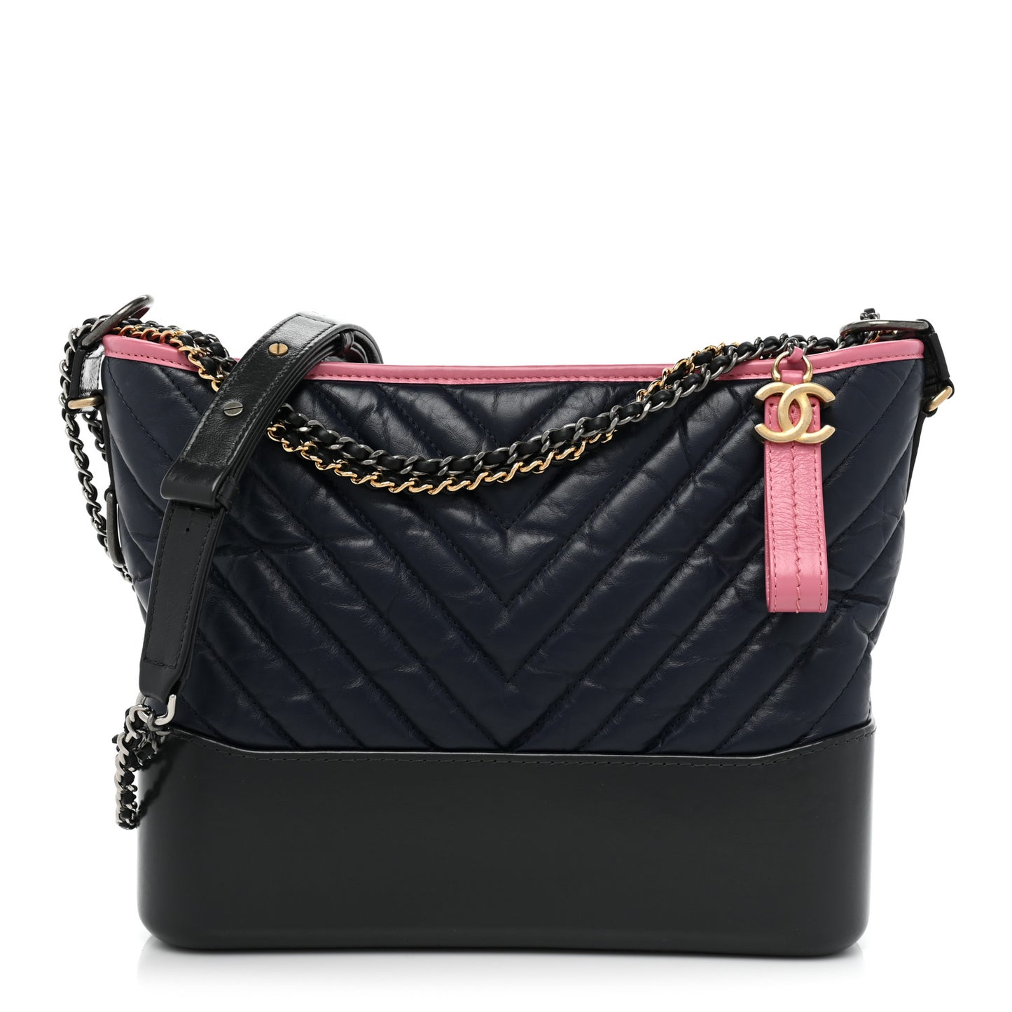 Aged Calfskin Chevron Quilted Medium Gabrielle Hobo Navy Black Pink