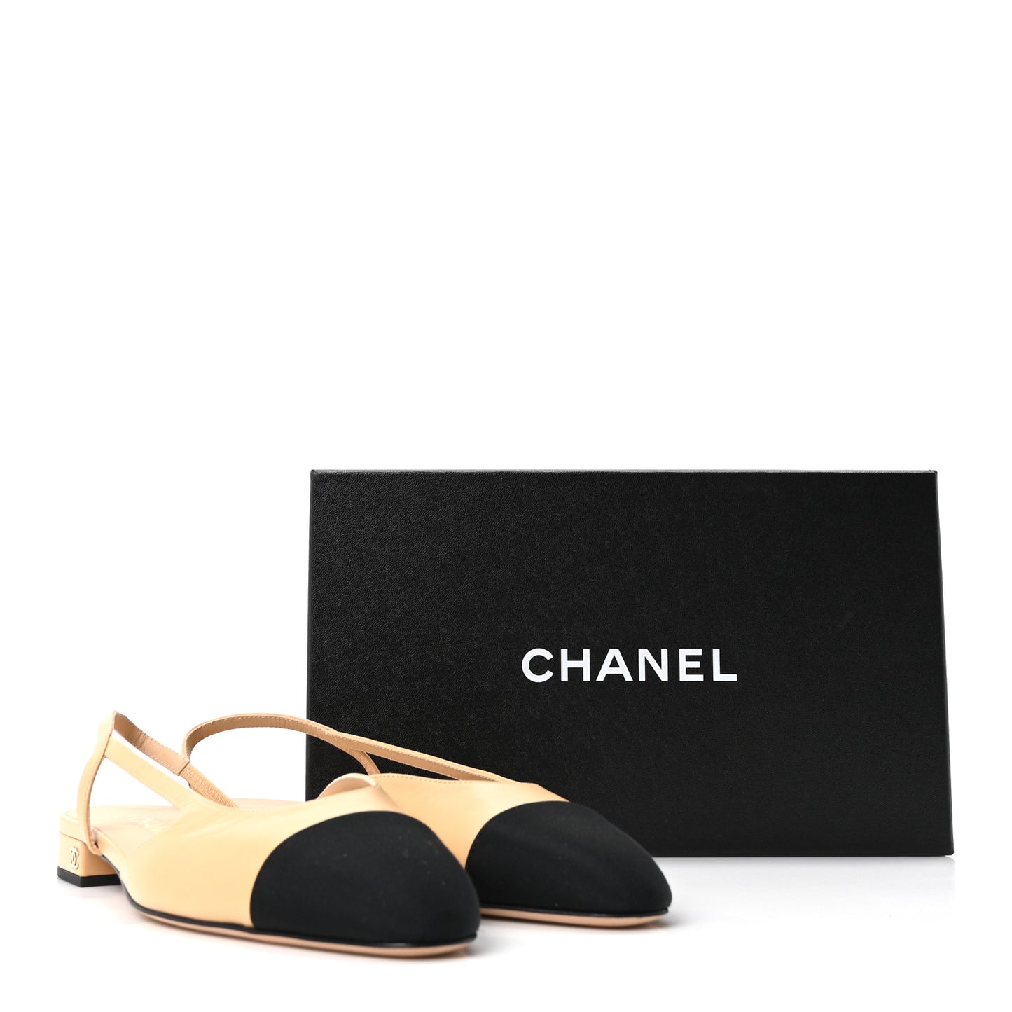 Goatskin Grosgrain Pointed Toe CC Slingback Flats 40.5 Beige Black