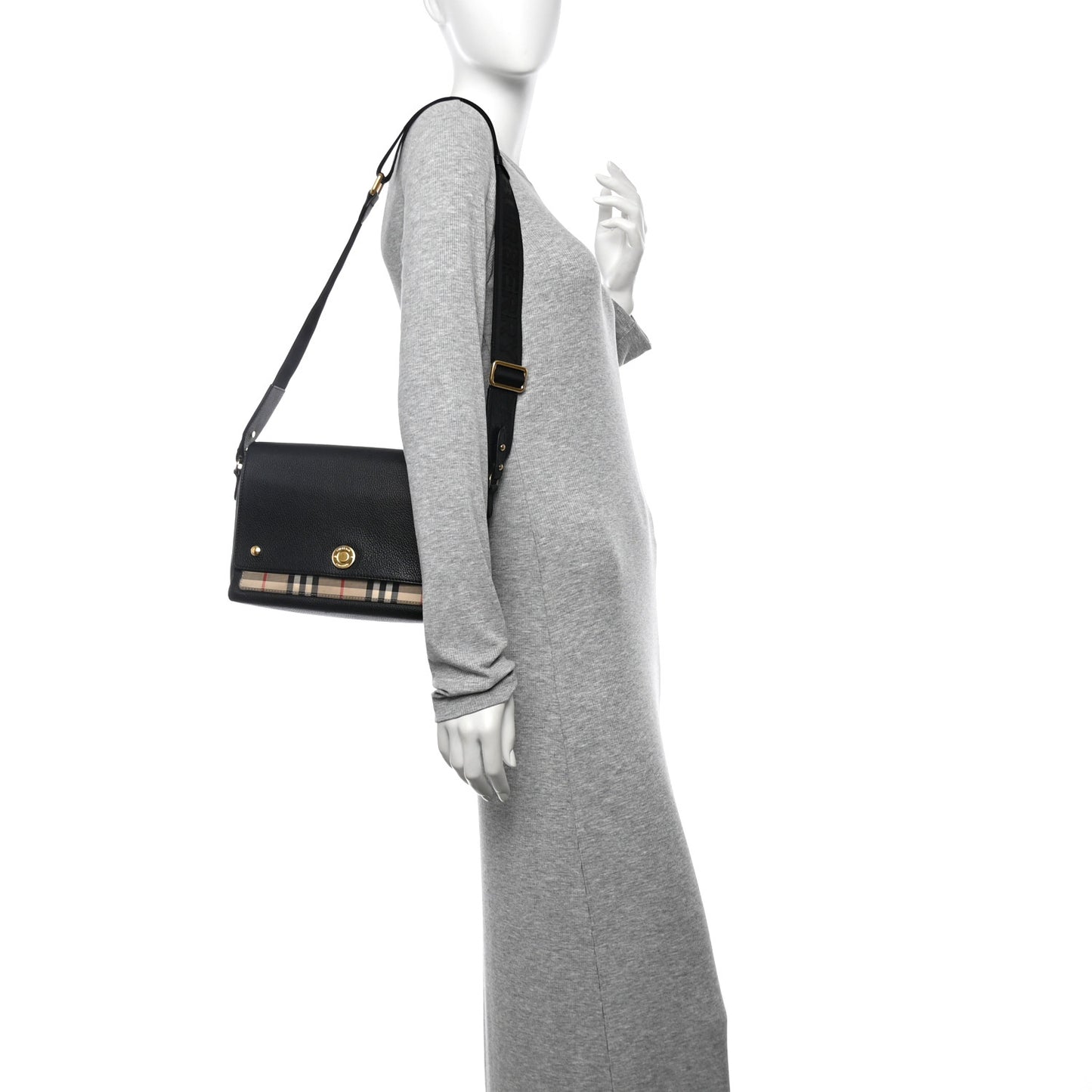 Coated Canvas Calfskin Vintage Check Medium Note Crossbody Bag Black