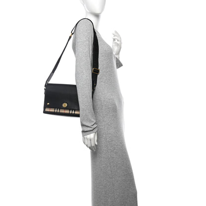 Burberry Coated Canvas Calfskin Vintage Check Medium Note Crossbody Bag Black 2 of 11