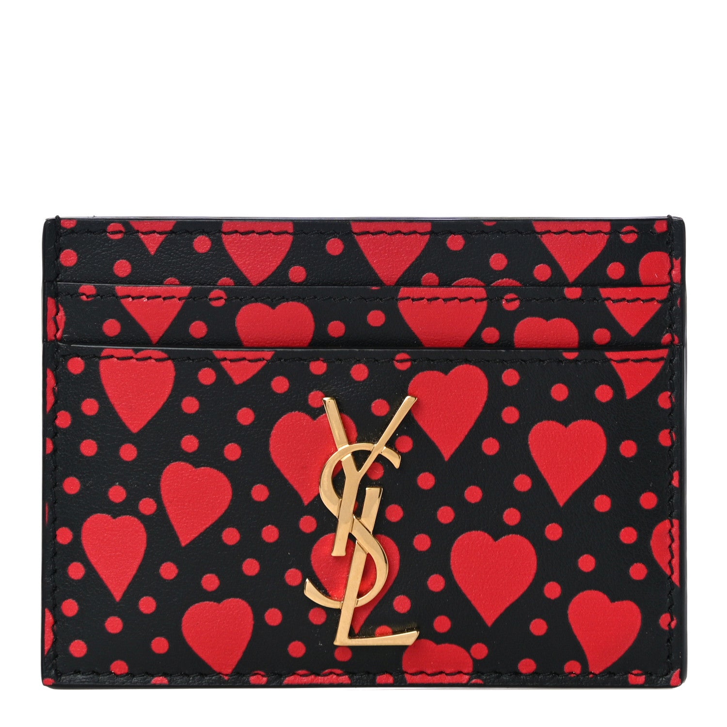 Saint Laurent Calfskin Heart Print Monogram Credit Card Case Black Red 1 of 12