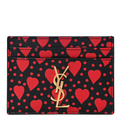 Saint Laurent Calfskin Heart Print Monogram Credit Card Case Black Red 1 of 12