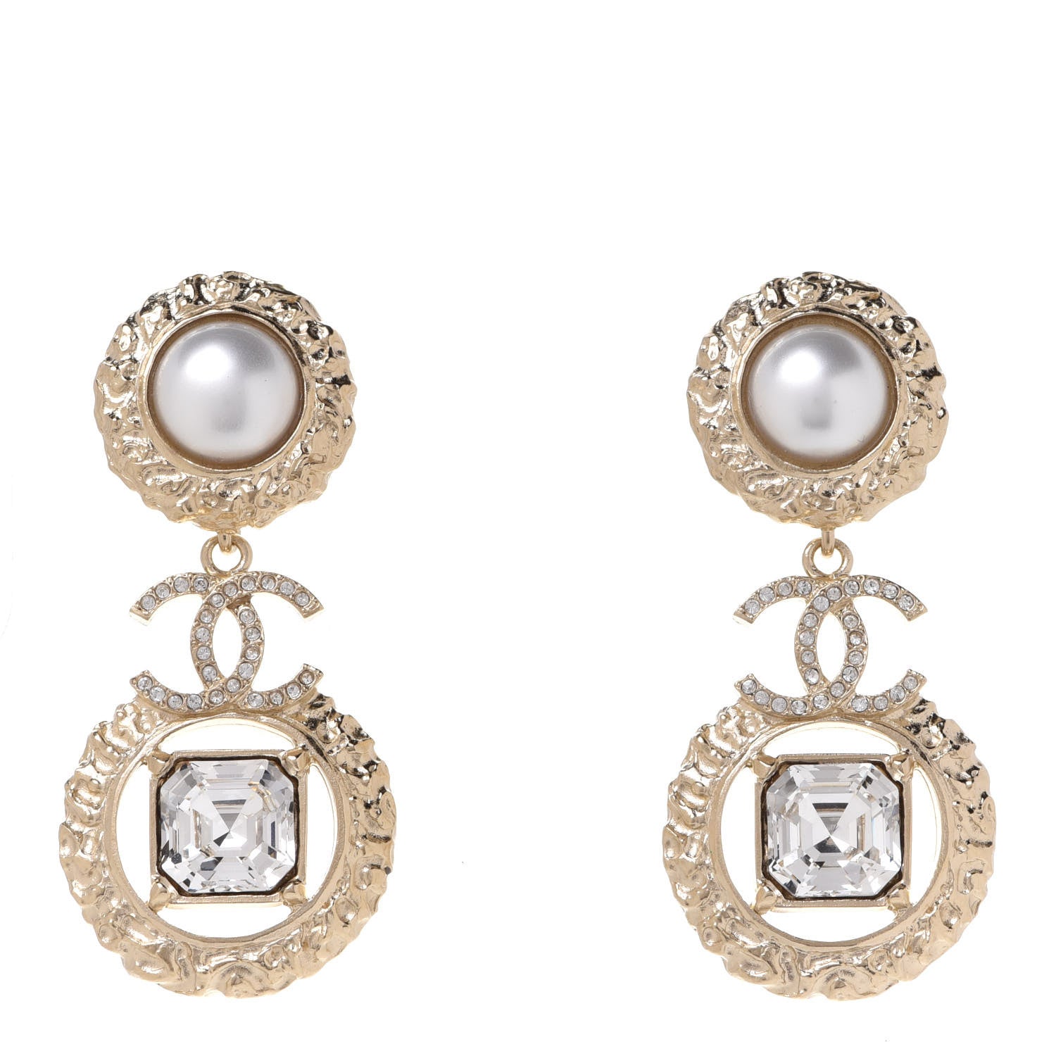 Chanel Crystal Pearl CC Drop Earrings Gold Pearly White 1 of 5