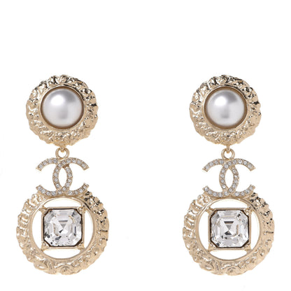 Chanel Crystal Pearl CC Drop Earrings Gold Pearly White 1 of 5