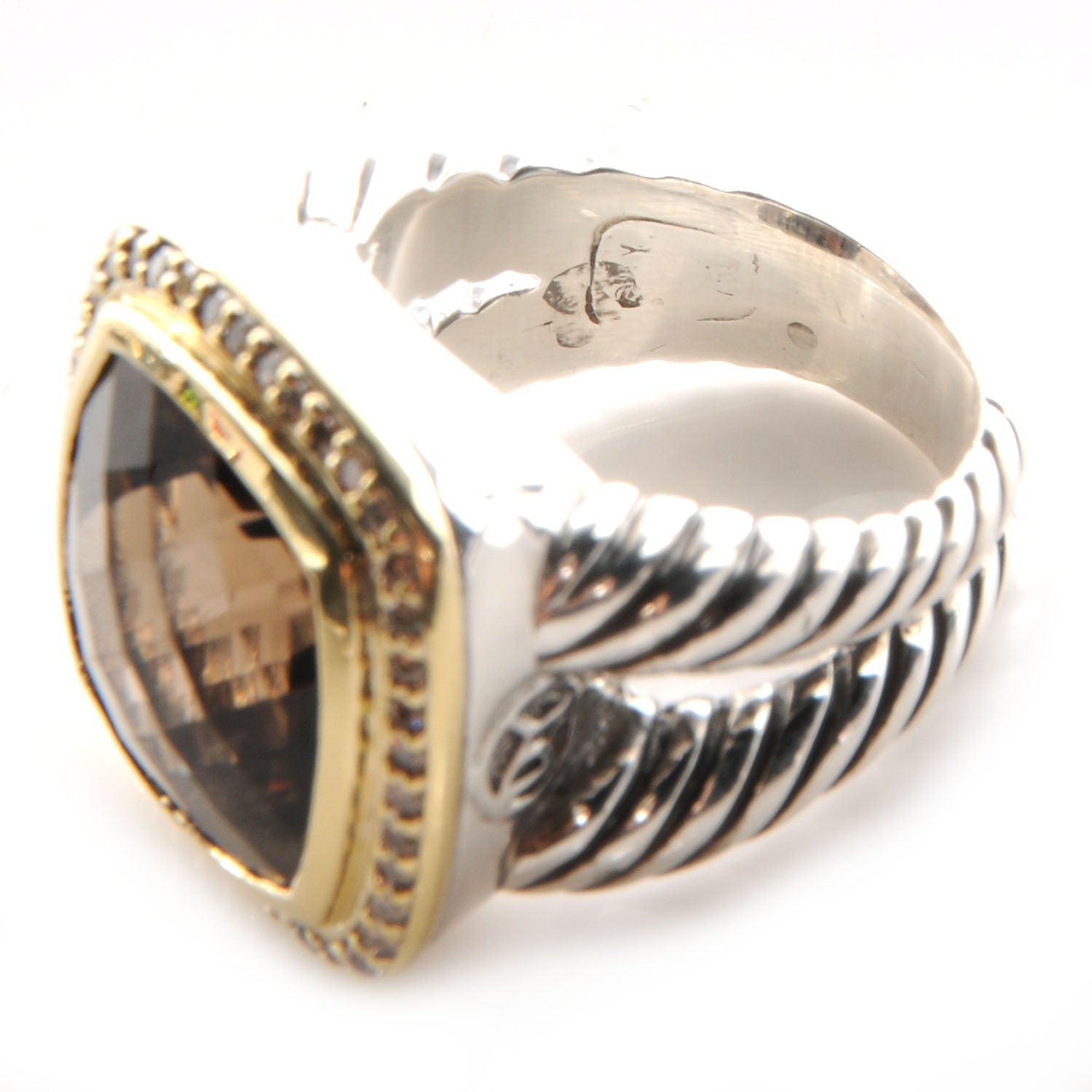 David Yurman Sterling Silver 18K Yellow Gold Diamond Smoky Quartz 14mm Albion Ring 54 7 4 of 5