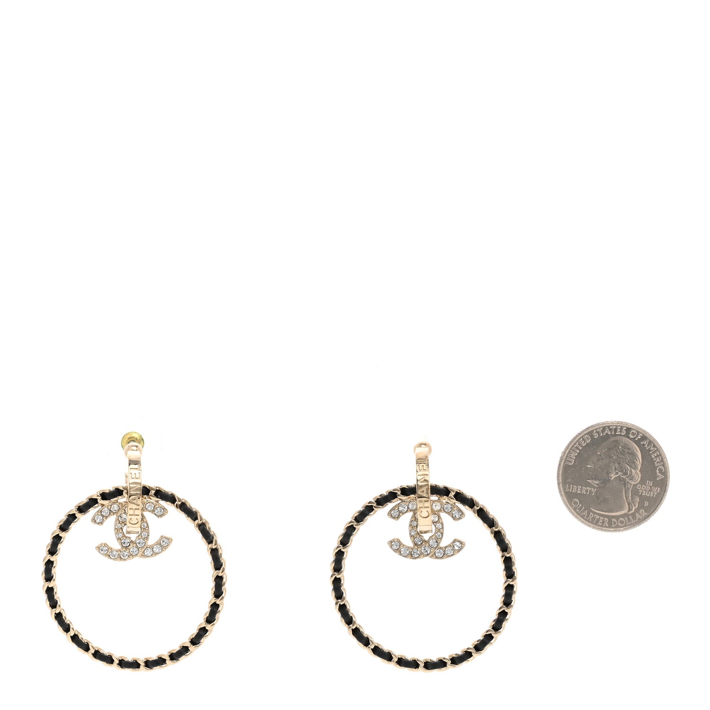 Metal Crystal Lambskin CC Chain Hoop Earrings Gold Black