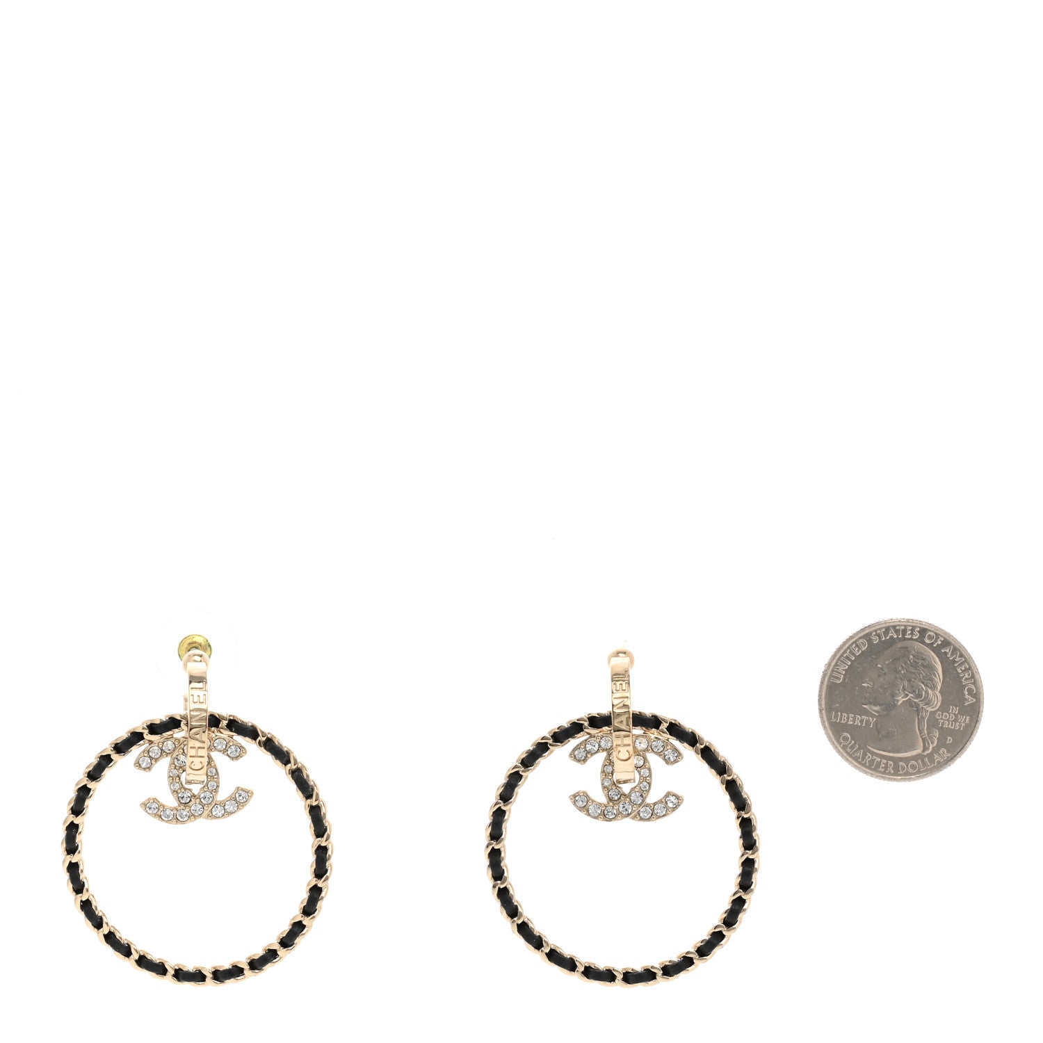 Chanel Metal Crystal Lambskin CC Chain Hoop Earrings Gold Black 2 of 4