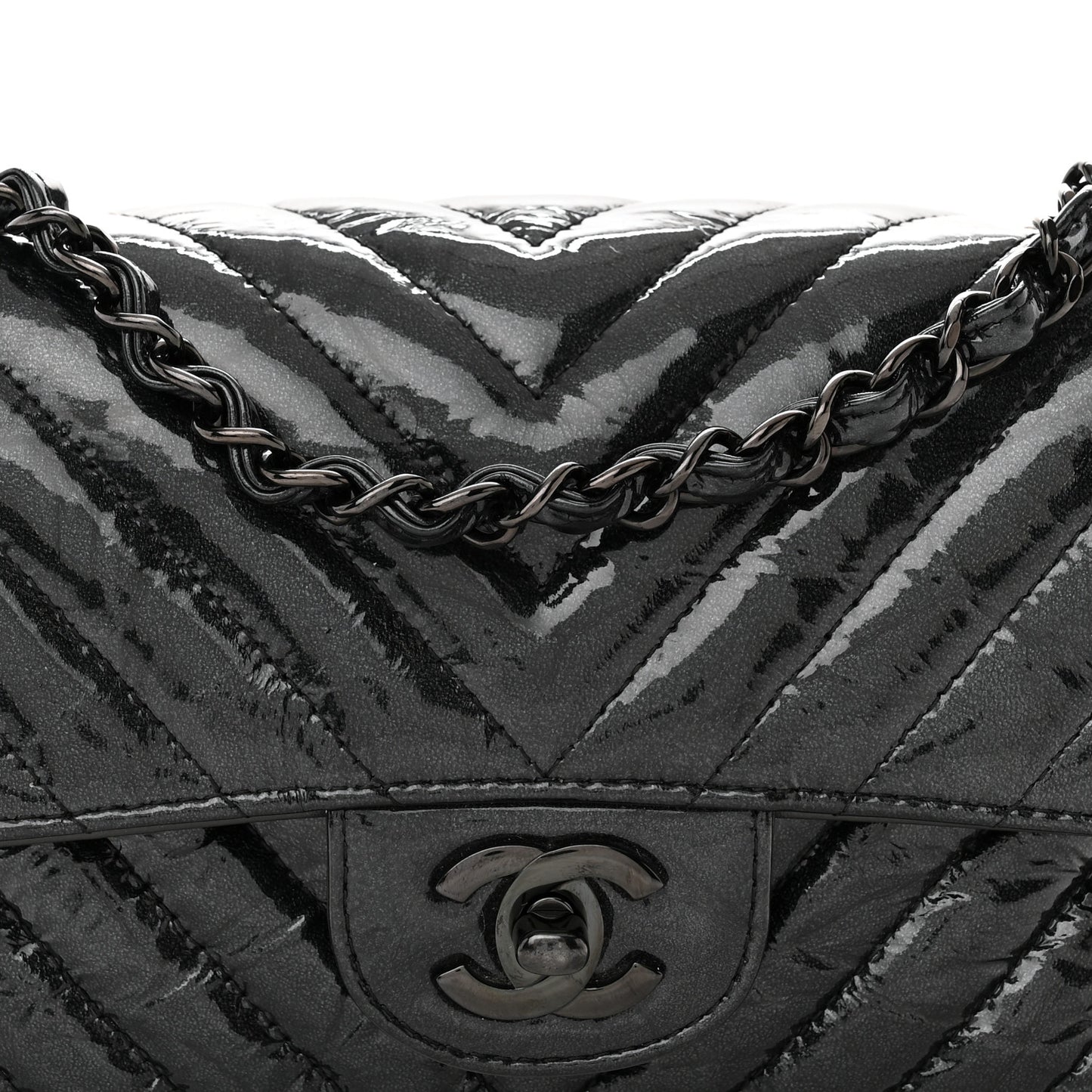 Patent Crumpled Calfskin Chevron Quilted Mini Rectangular Flap So Black