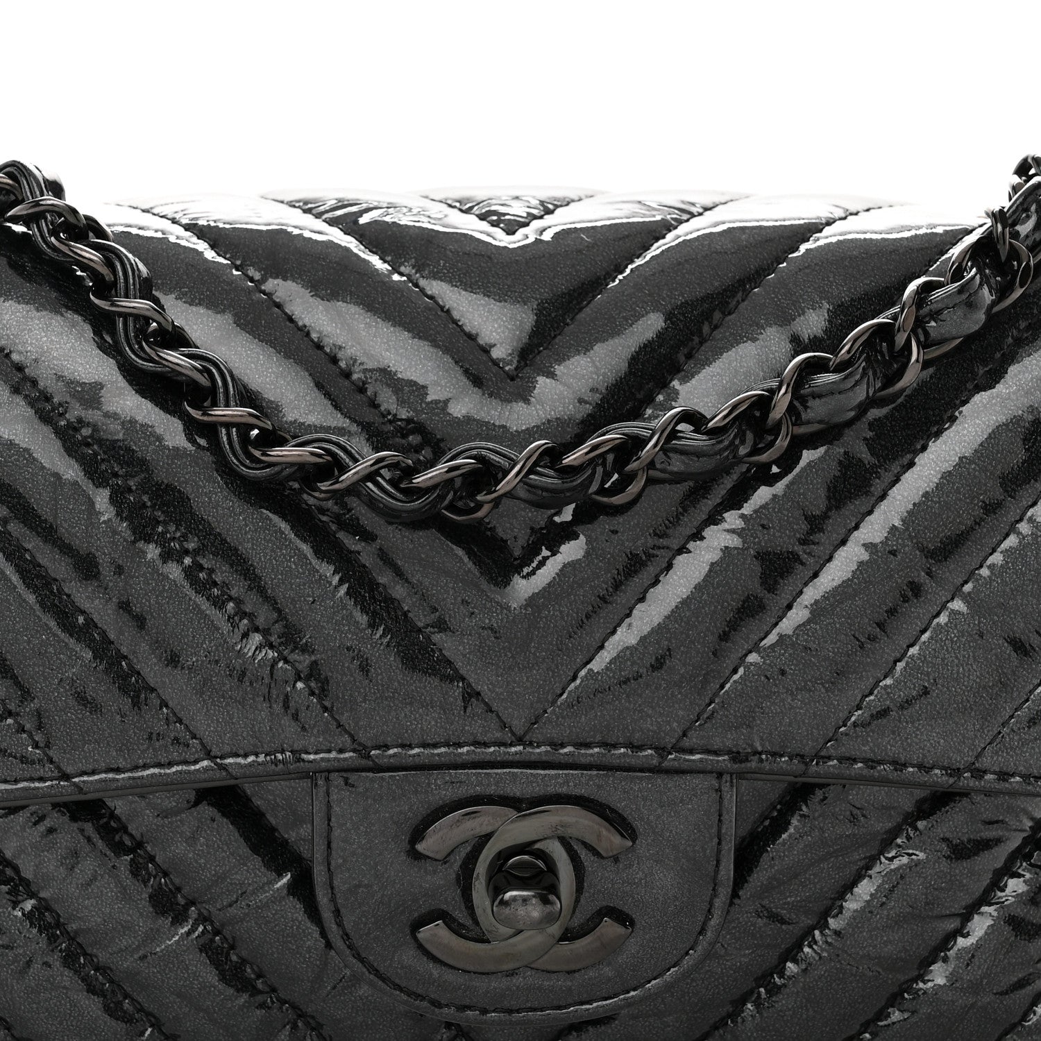 Chanel Patent Crumpled Calfskin Chevron Quilted Mini Rectangular Flap So Black 8 of 10