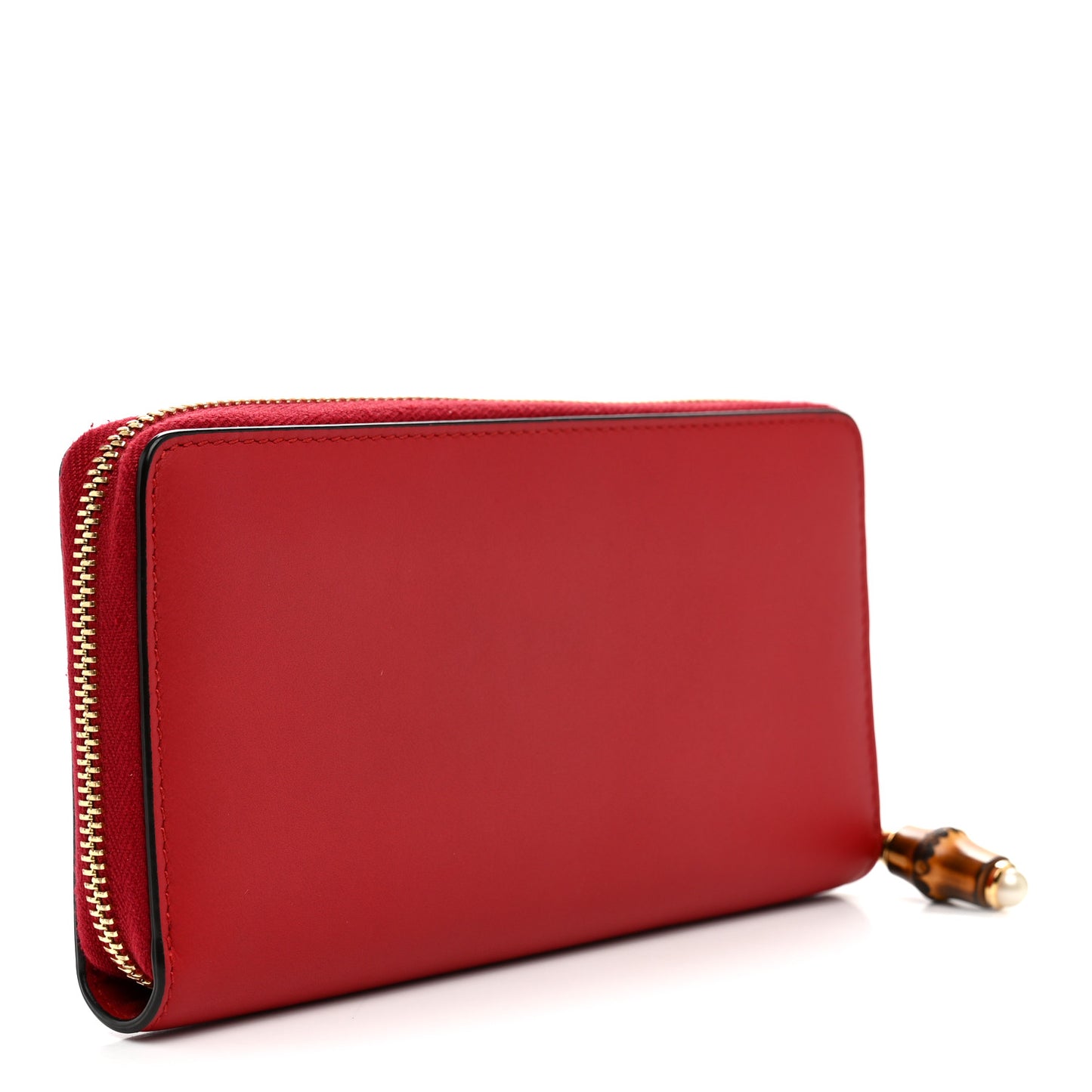 Calfskin Bamboo Round Zip Long Wallet Red
