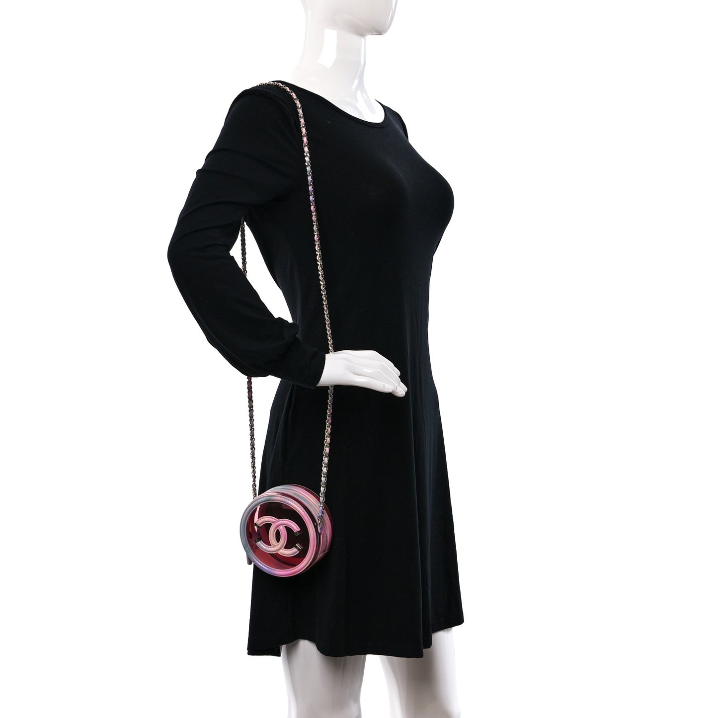 PVC Lambskin Filigree Round Clutch With Chain Pink