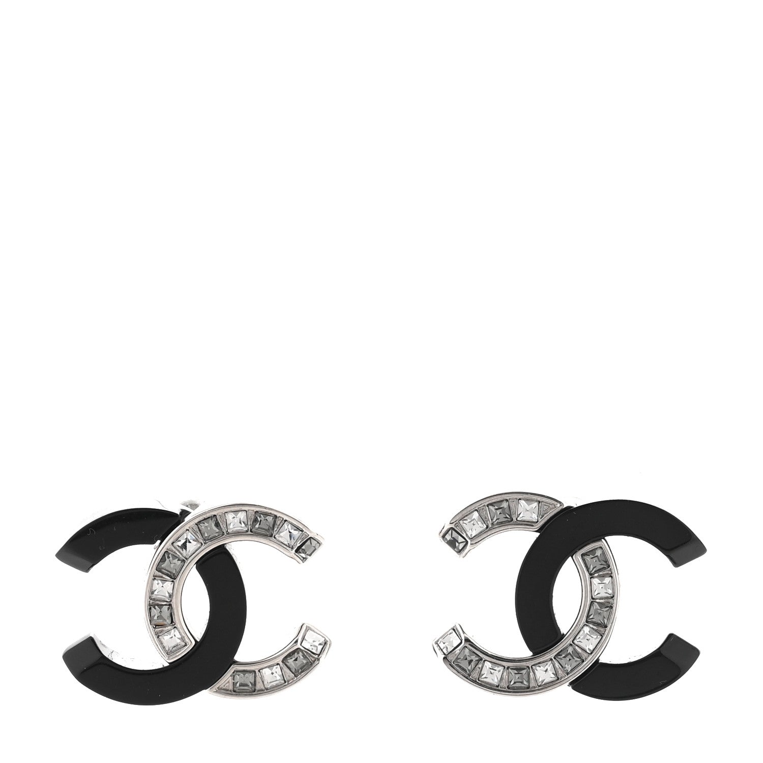Chanel Resin Crystal Baguette CC Earrings Silver Black 1 of 4