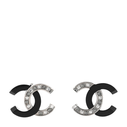 Chanel Resin Crystal Baguette CC Earrings Silver Black 1 of 4