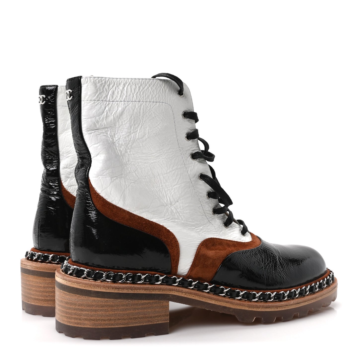 Patent Suede Lace Up Chain Boots 37 White Light Brown Black