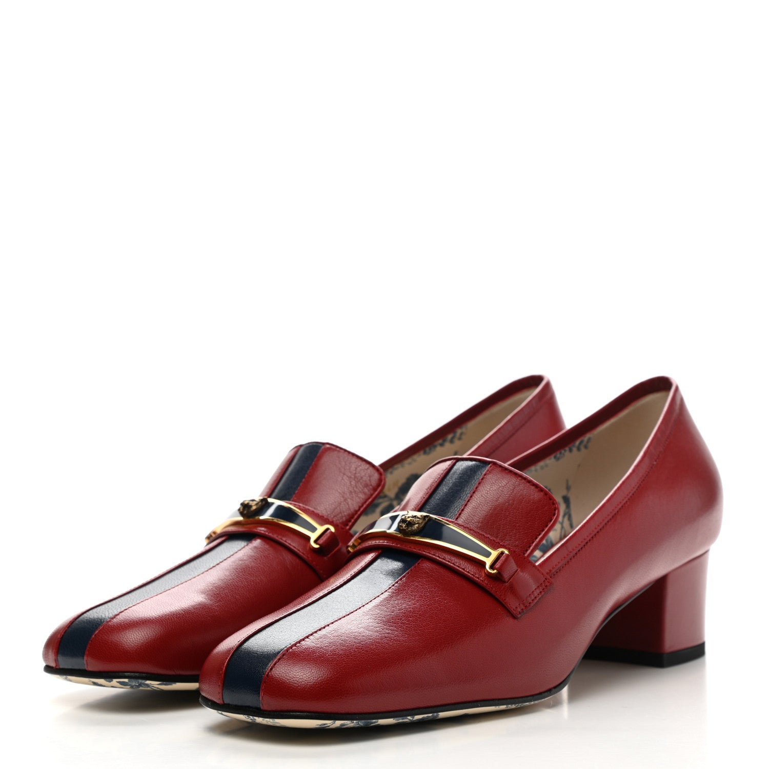Gucci Goatskin Feline Ginger Loafer Pumps 39 Hibiscus Red Blue 3 of 11
