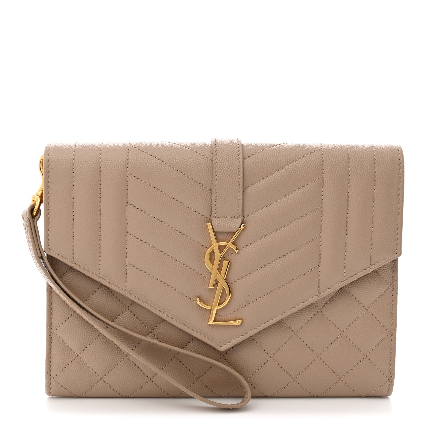 Saint Laurent Grain De Poudre Textured Mixed Matelasse Triquilt Monogram Clutch Dark Beige 1 of 7