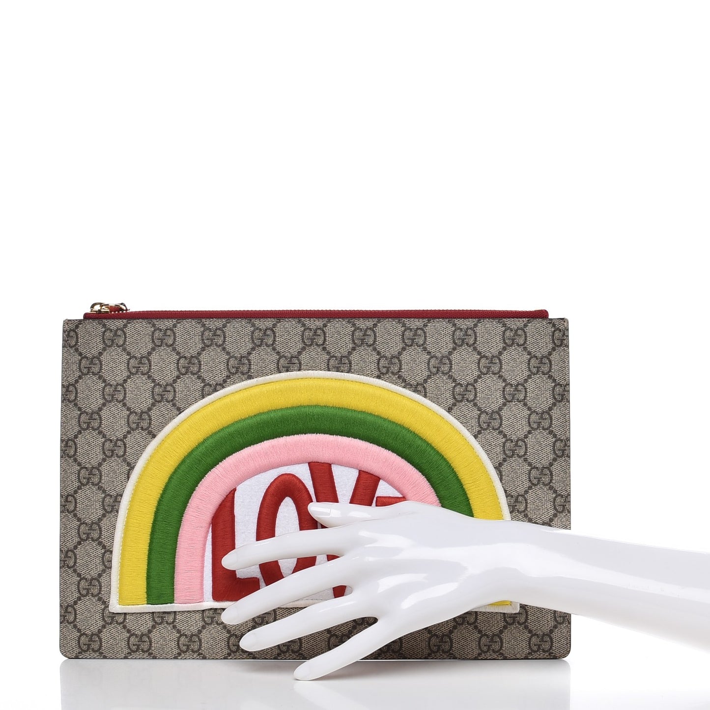 Calfskin GG Supreme Monogram Embroidered Rainbow Love Zip Pouch Red