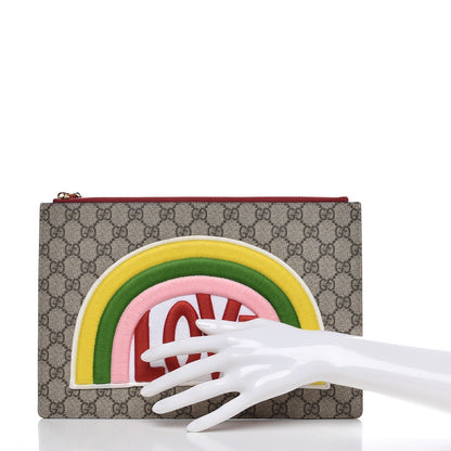 Gucci Calfskin GG Supreme Monogram Embroidered Rainbow Love Zip Pouch Red 2 of 7