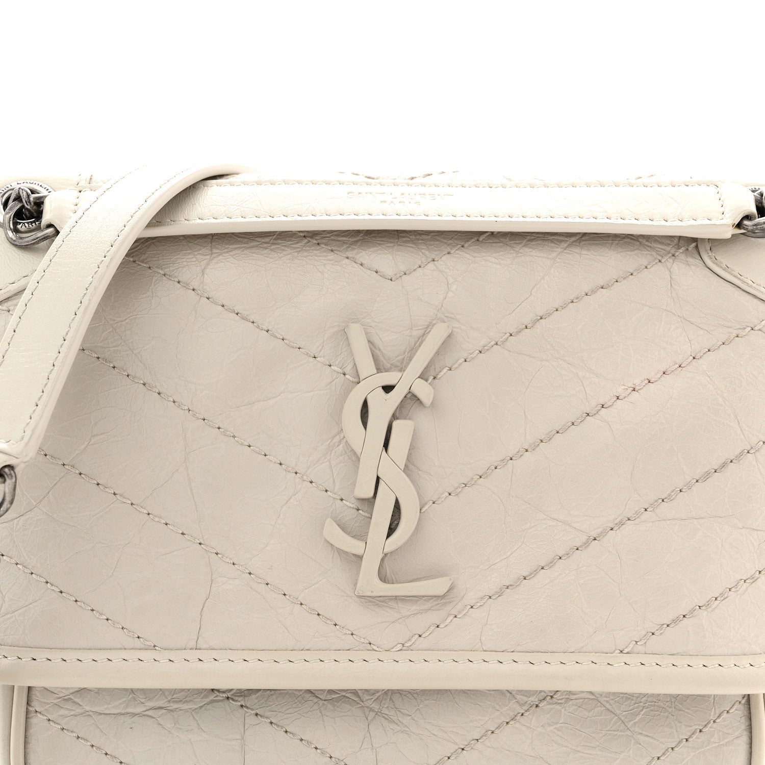 Saint Laurent Crinkled Calfskin Matelasse Monogram Baby Niki Chain Satchel Blanc Vintage 8 of 12