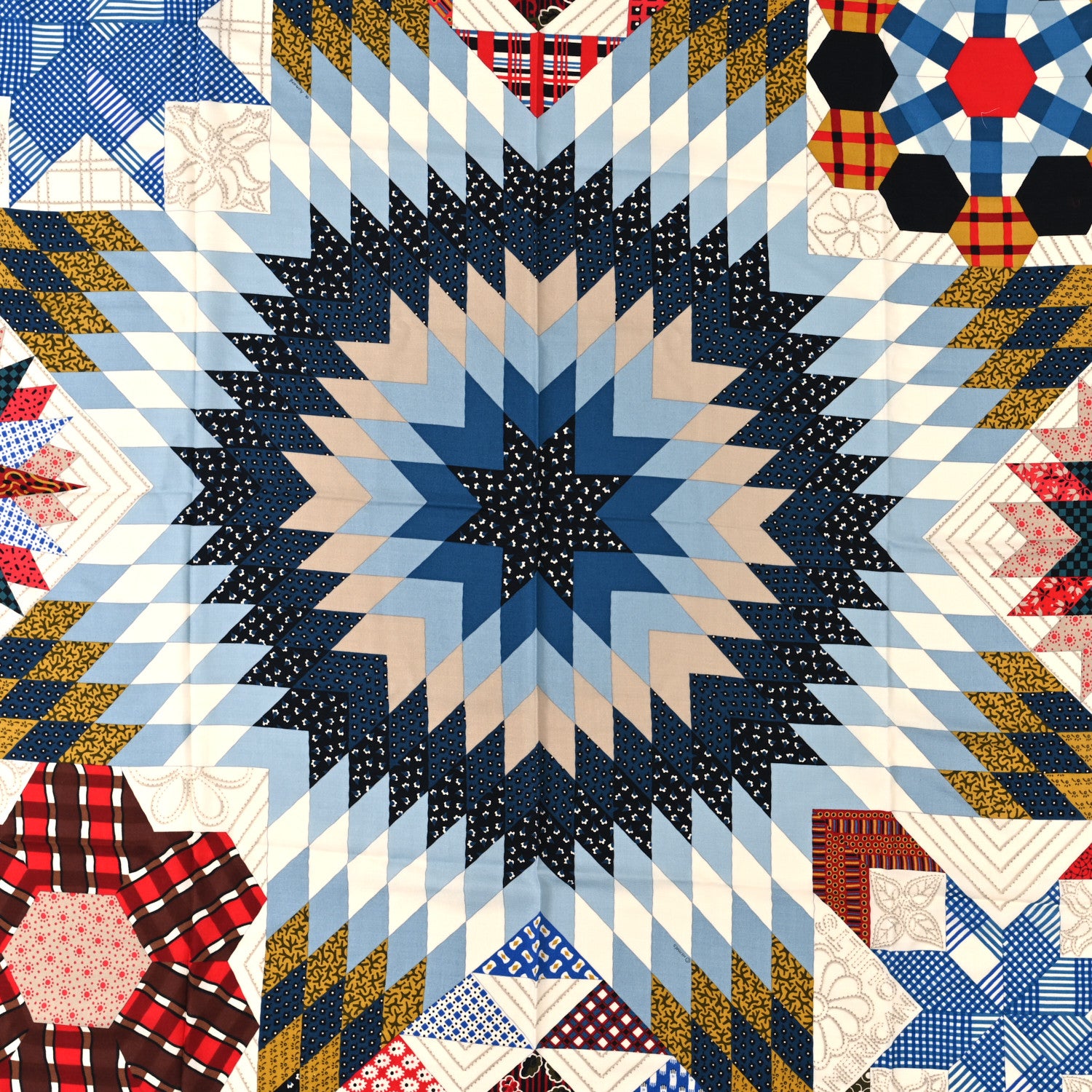 Hermes Cashmere Silk American Quilts Shawl 140 Marine Clair White 2 of 6