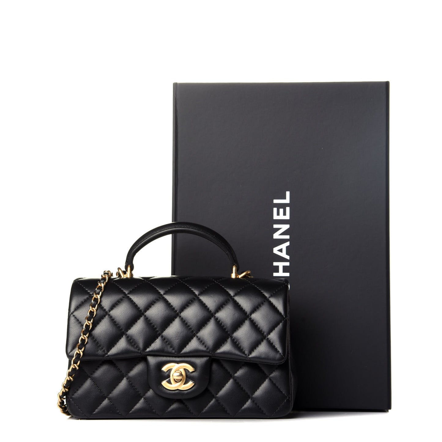 Lambskin Quilted Mini Top Handle Rectangular Flap Black