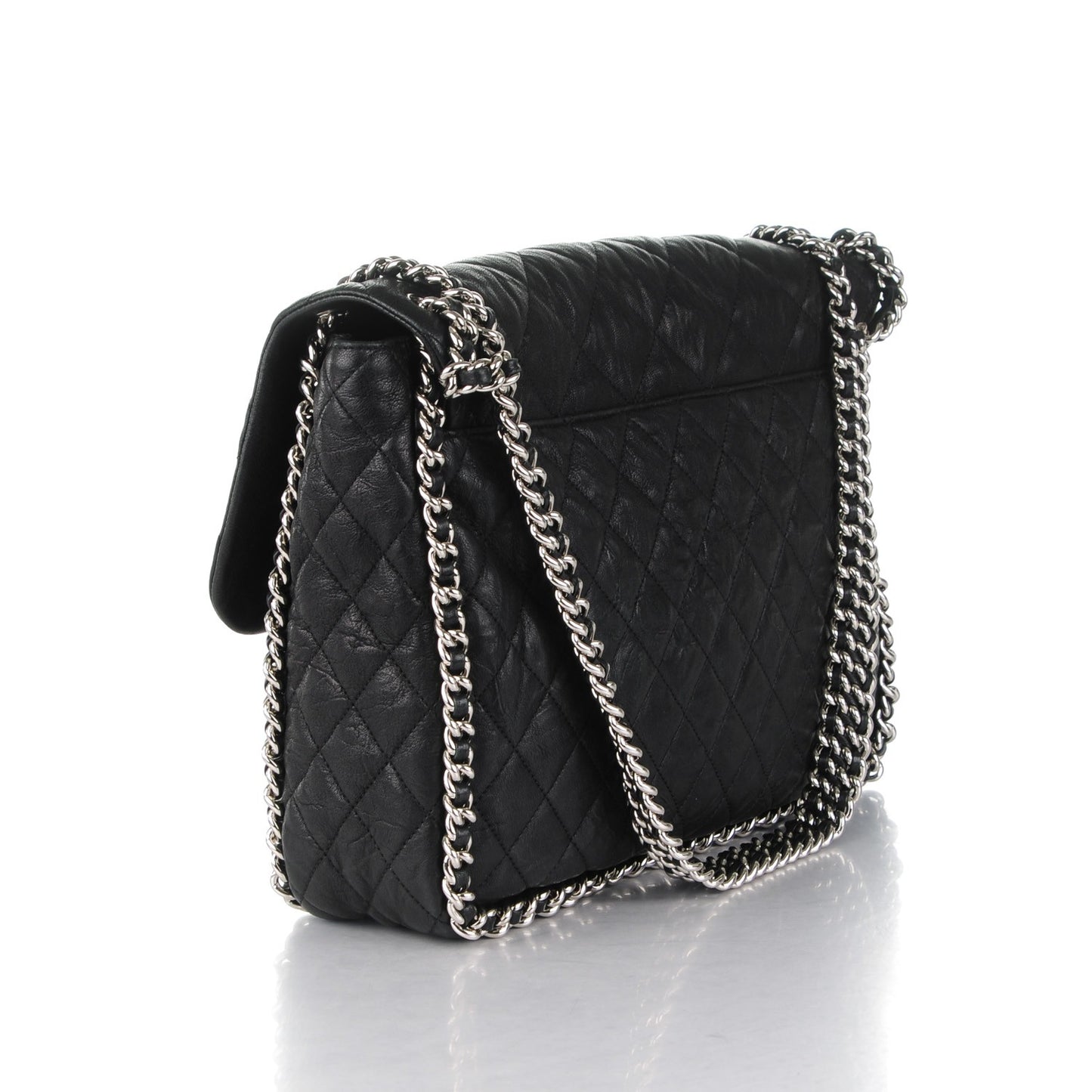 Washed Lambskin Quilted Maxi Chain Around Flap Black