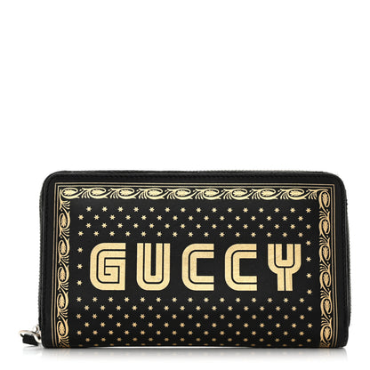 Gucci X SEGA Calfskin GUCCY Stars Zip Around Wallet Black Gold 1 of 10