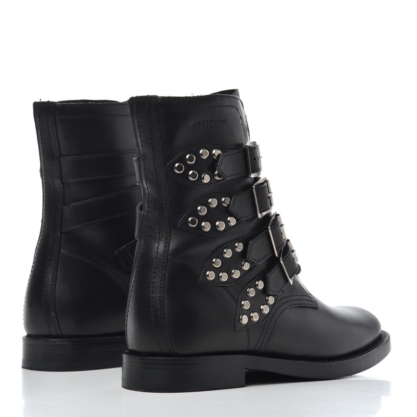 Smooth Calfskin Studded Strap Rangers Boots 37.5 Black
