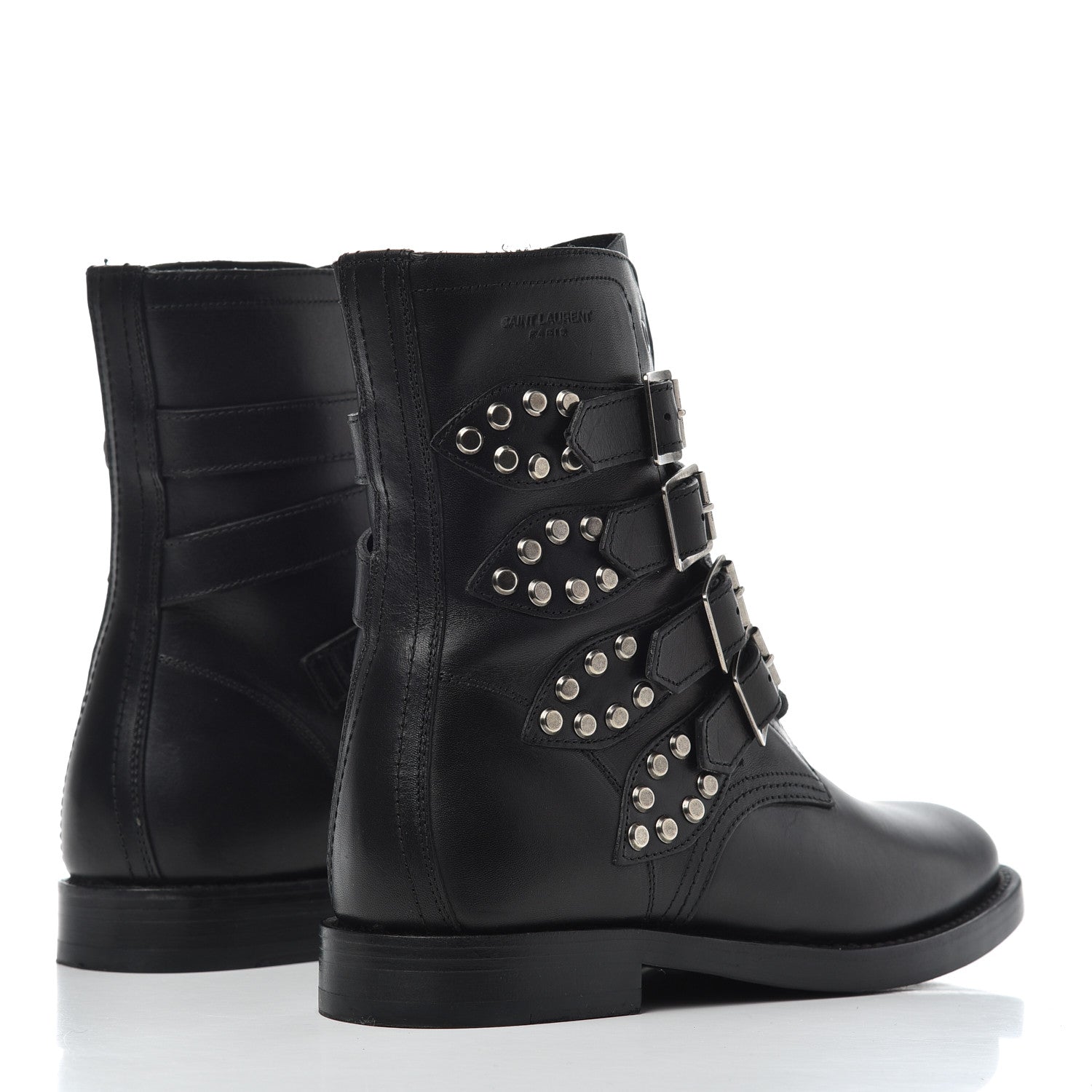 Saint Laurent Smooth Calfskin Studded Strap Rangers Boots 37.5 Black 4 of 16