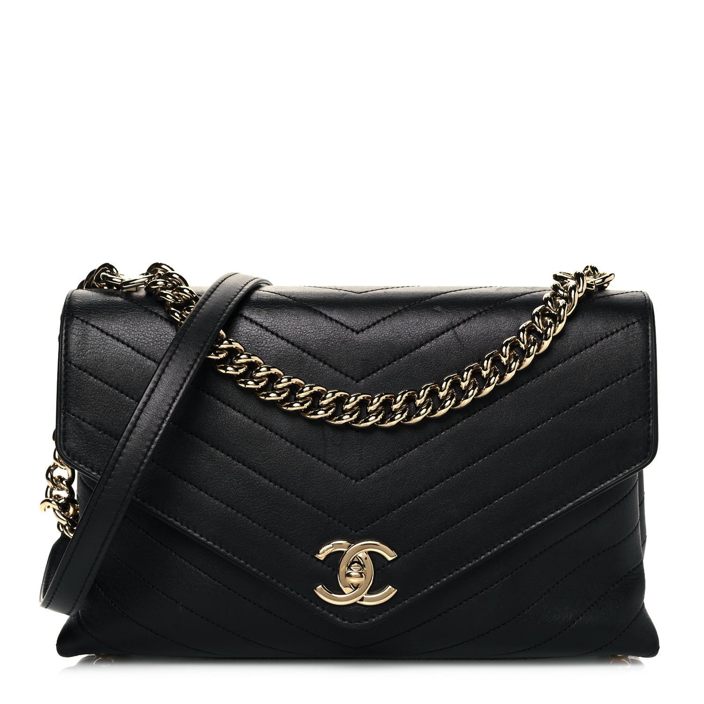 Calfskin Chevron Stitched Medium Coco Flap Bag Black