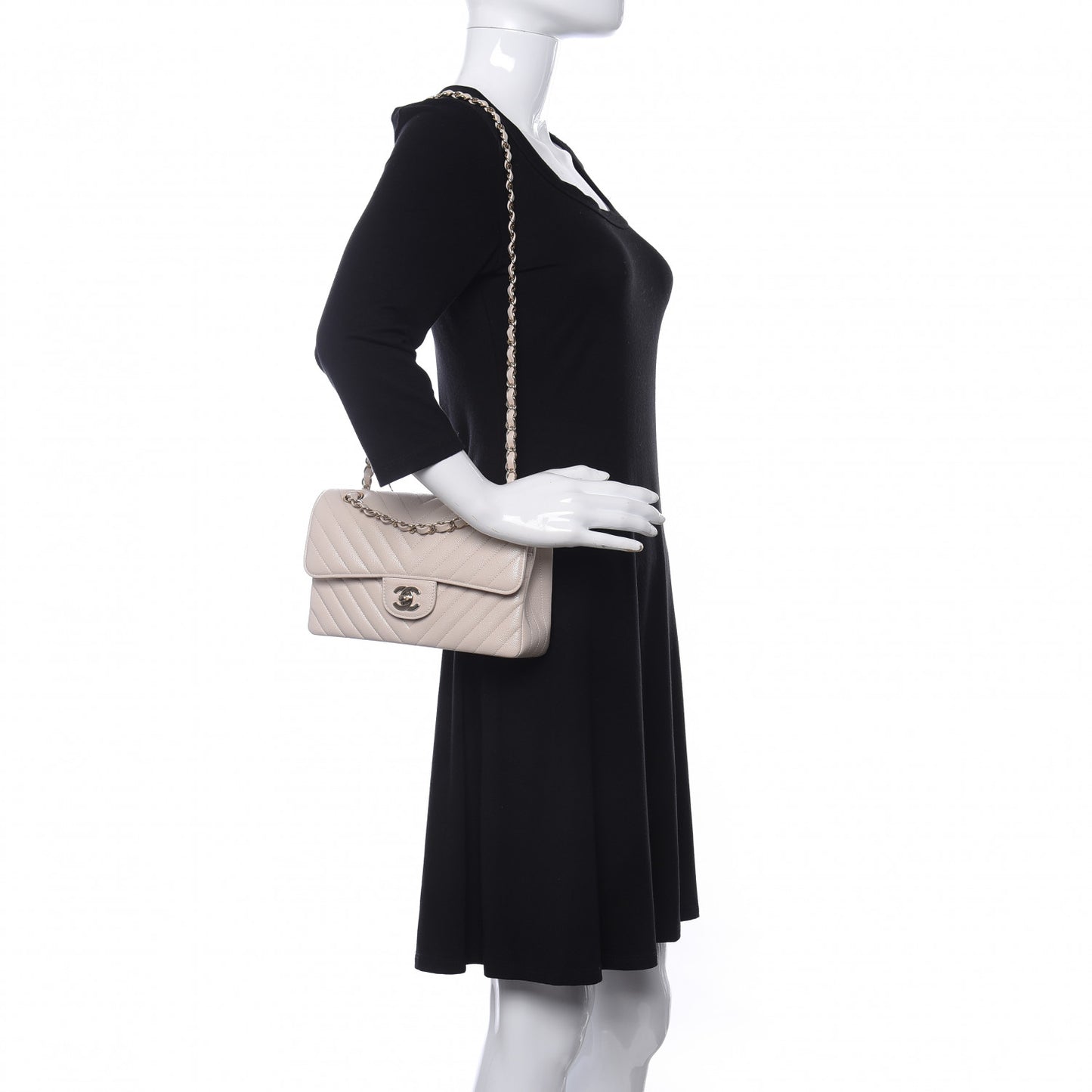 Caviar Chevron Quilted Small Double Flap Beige