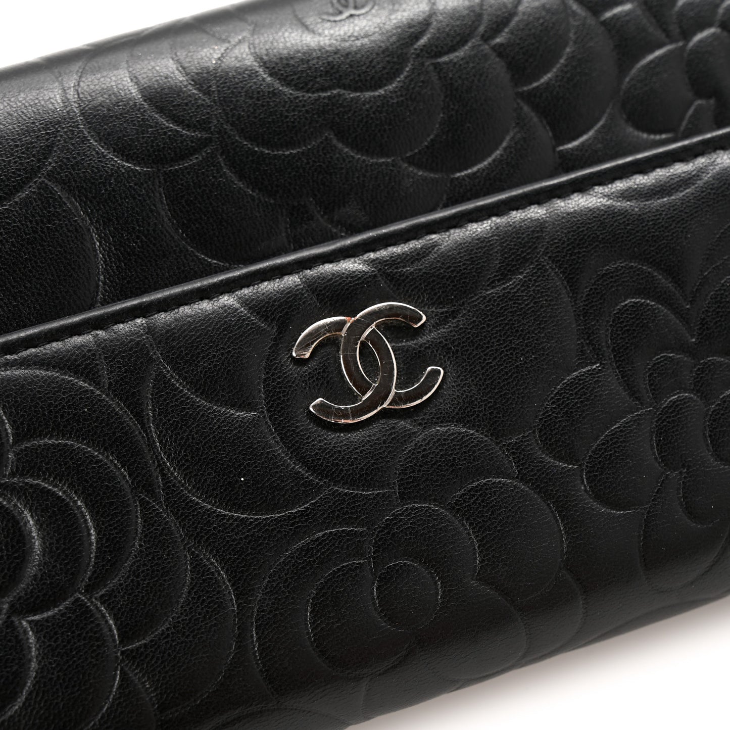 Lambskin Embossed Camellia Large Gusset Flap Wallet Black