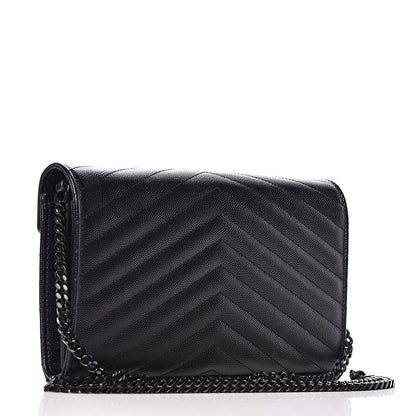 Saint Laurent Grain De Poudre Matelasse Chevron Monogram Chain Wallet Black 3 of 10