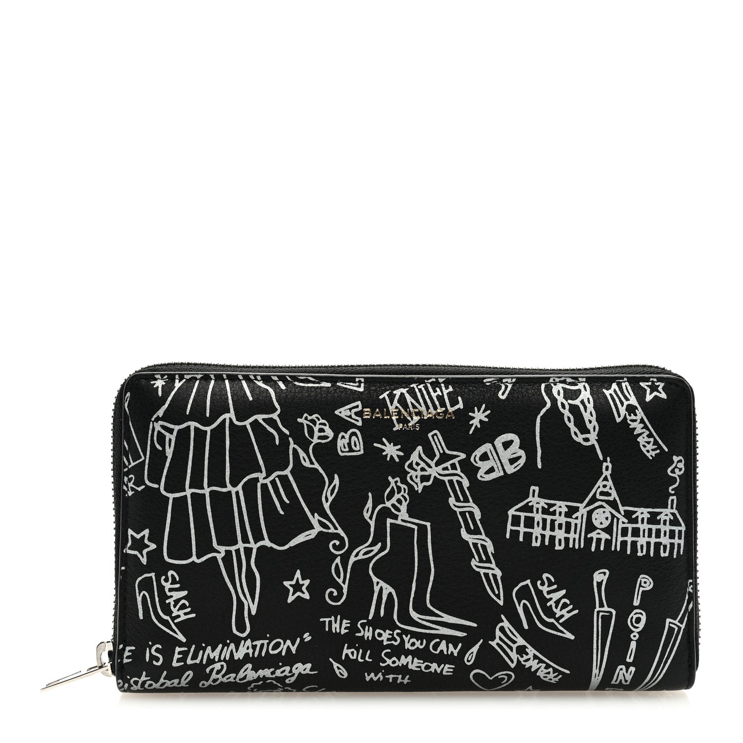 Calfskin Classic Silver Hardware Printed Tattoo Everyday Continental Zip Around Wallet Black
