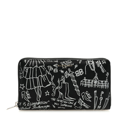 Balenciaga Calfskin Classic Silver Hardware Printed Tattoo Everyday Continental Zip Around Wallet Black 1 of 6