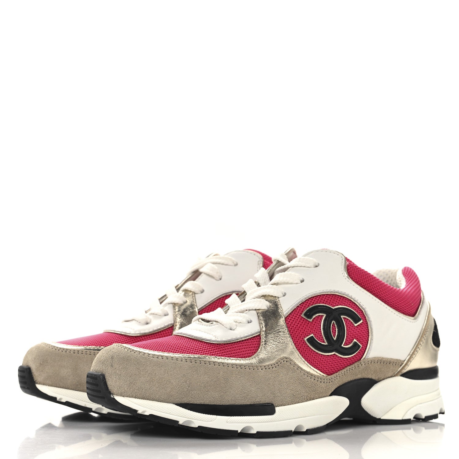 Chanel Mesh Suede Metallic Calfskin Womens CC Sneakers 39 White Pink Beige Gold 4 of 10