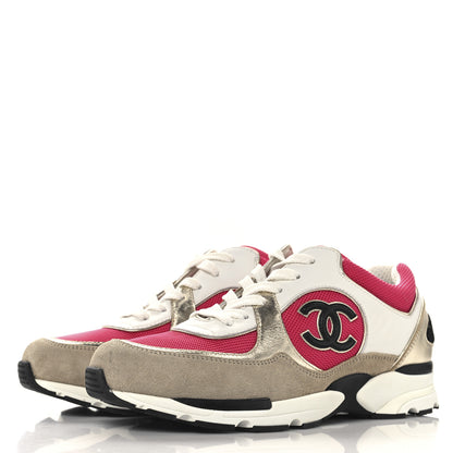 Chanel Mesh Suede Metallic Calfskin Womens CC Sneakers 39 White Pink Beige Gold 4 of 10