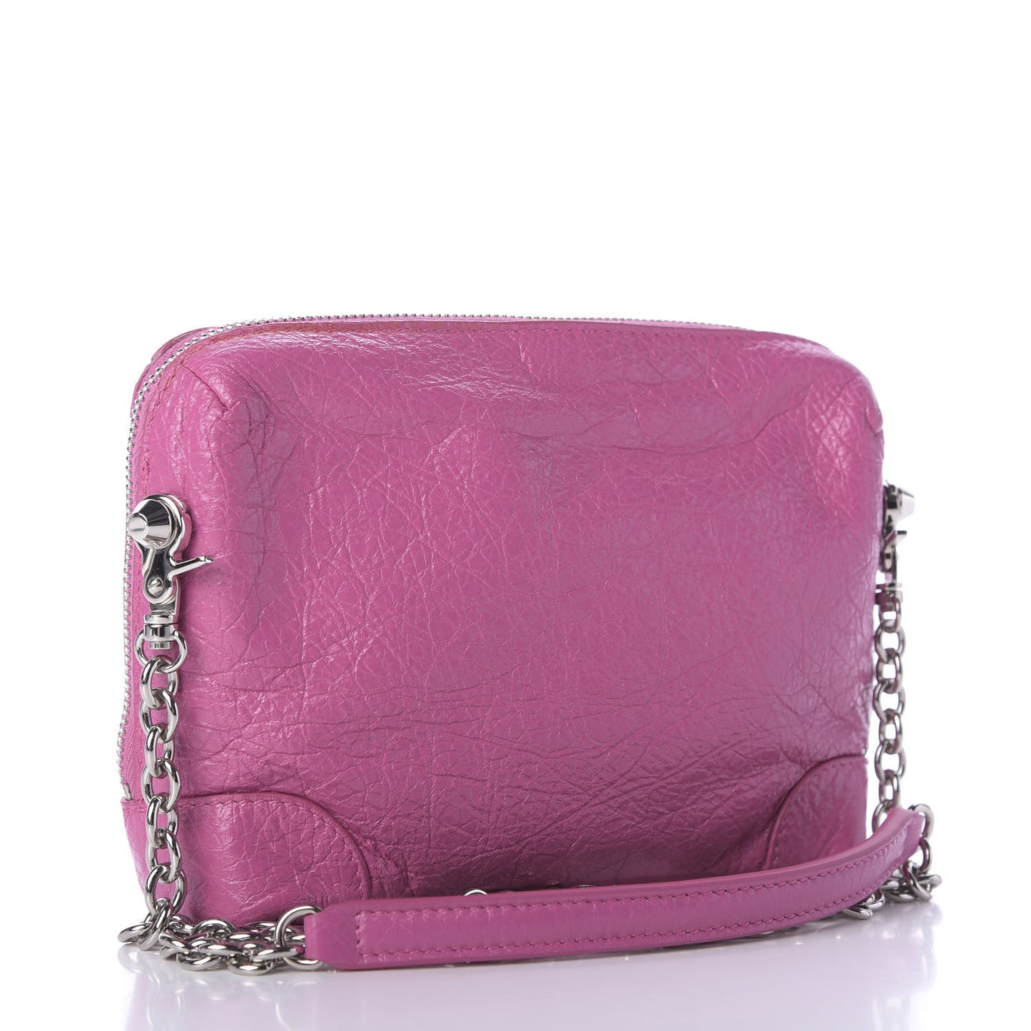 Agneau Arena Classic Silver Hardware Pouch With A Chain Crossbody Rose Flamingo