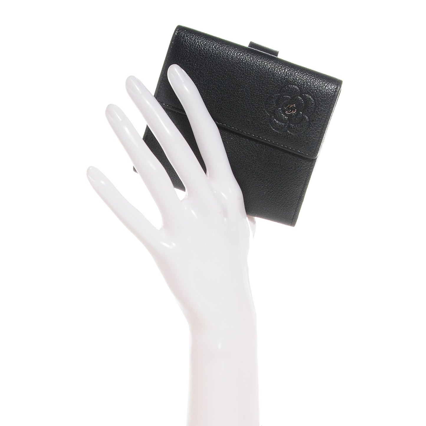 Glazed Goatskin Camellia Embossed French Flap Wallet Black