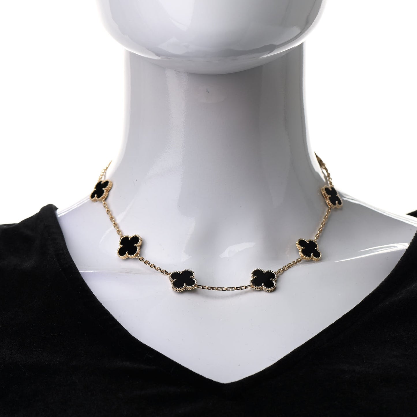 18K Yellow Gold Black Onyx 10 Motifs Vintage Alhambra Necklace