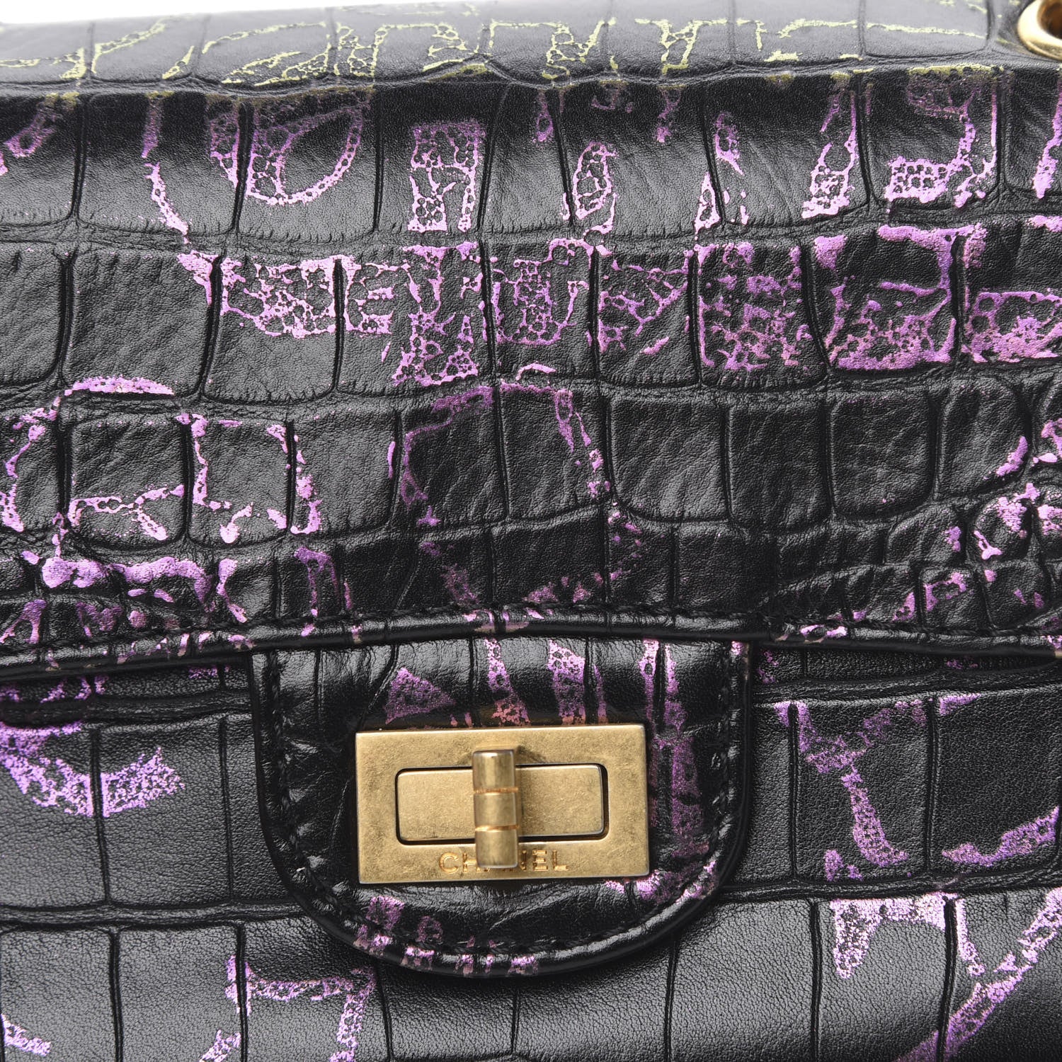 Chanel Calfskin Crocodile Embossed Graffiti 2.55 Mini Cocodile Reissue Flap Black Pink 10 of 12