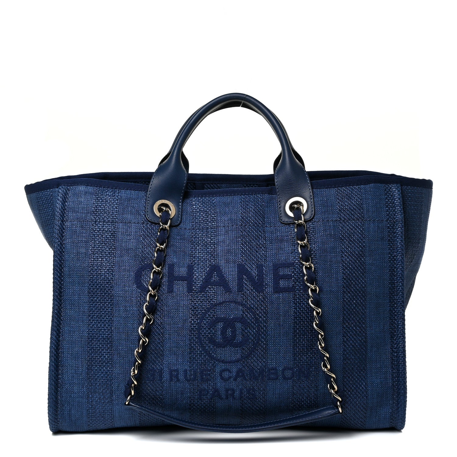 Chanel Woven Straw Raffia Striped Medium Deauville Tote Navy Blue 1 of 14