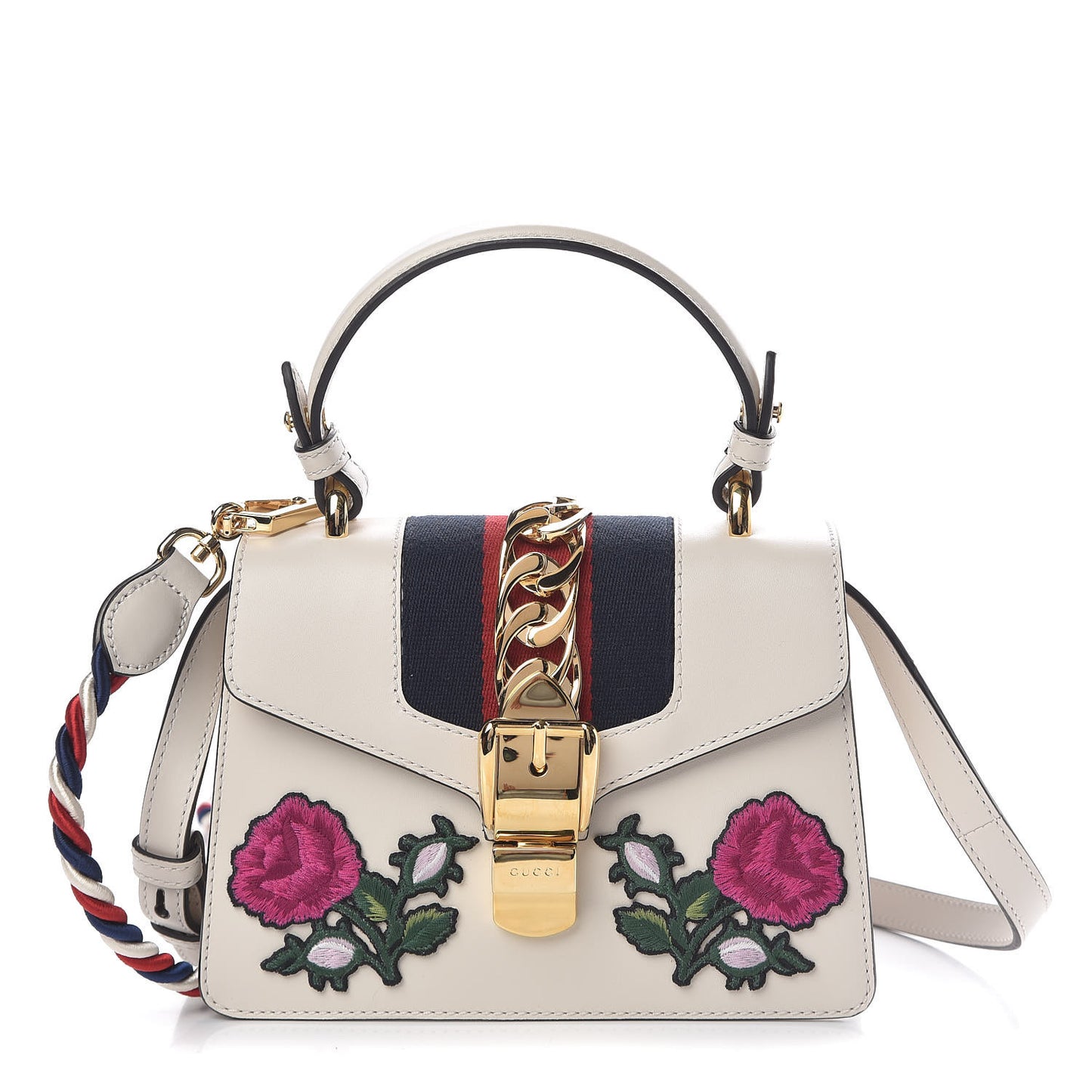 Calfskin Embroidered Mini Sylvie Top Handle Bag White