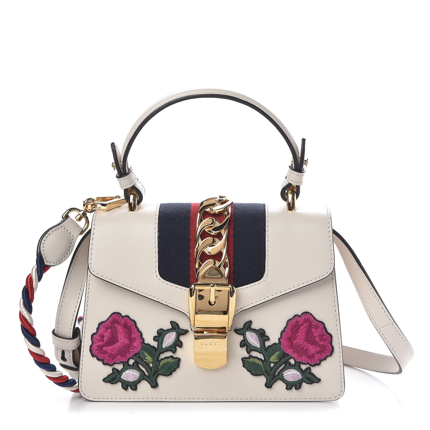 Gucci Calfskin Embroidered Mini Sylvie Top Handle Bag White 1 of 10