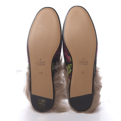 Gucci Brocade Fur Floral Womens Princetown Slippers 36 Black Anthracite 5 of 8