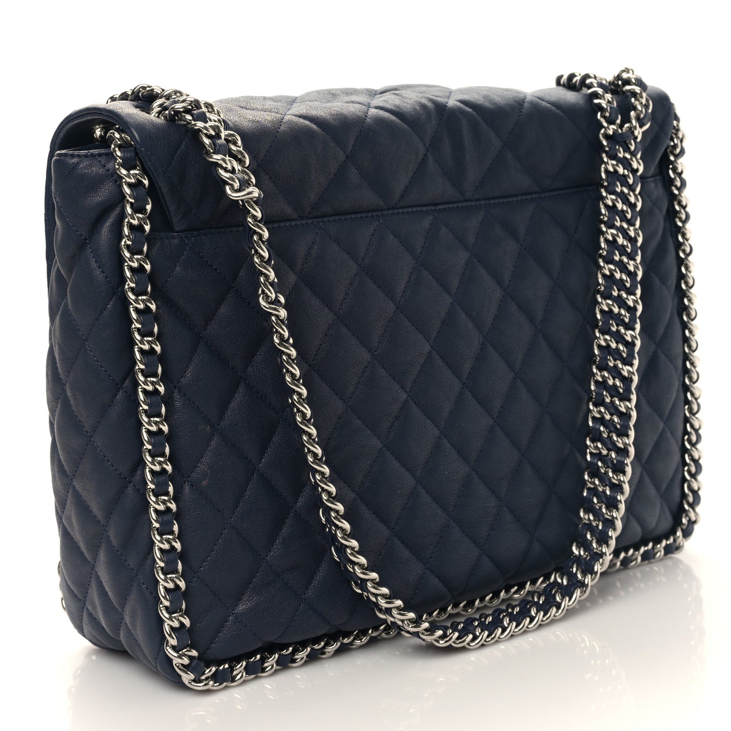 Washed Lambskin Quilted Chain Around Maxi Flap Dark Navy Blue