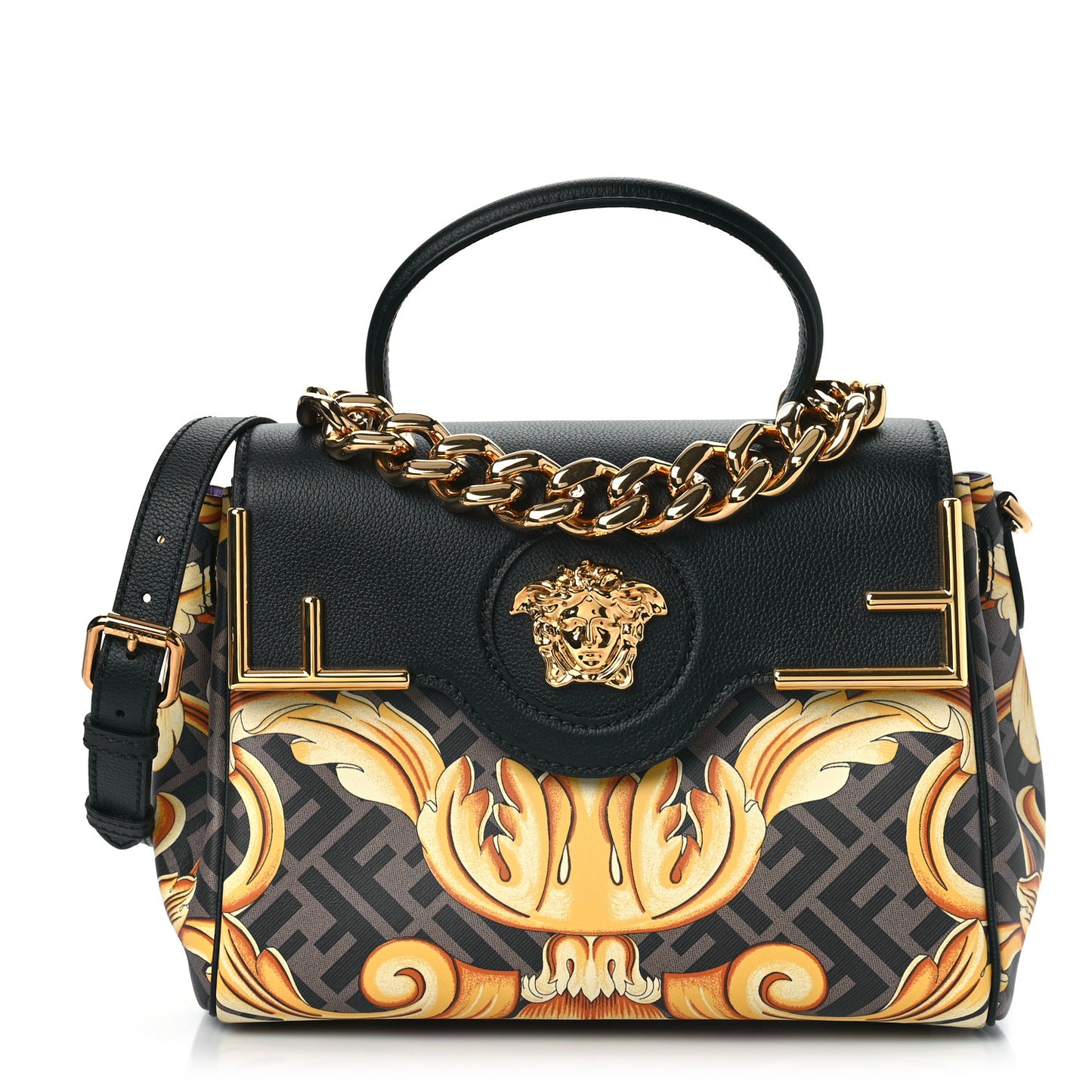 X FENDI Grained Calfskin Fendace La Medusa Medium Top Handle Bag Black Multicolor