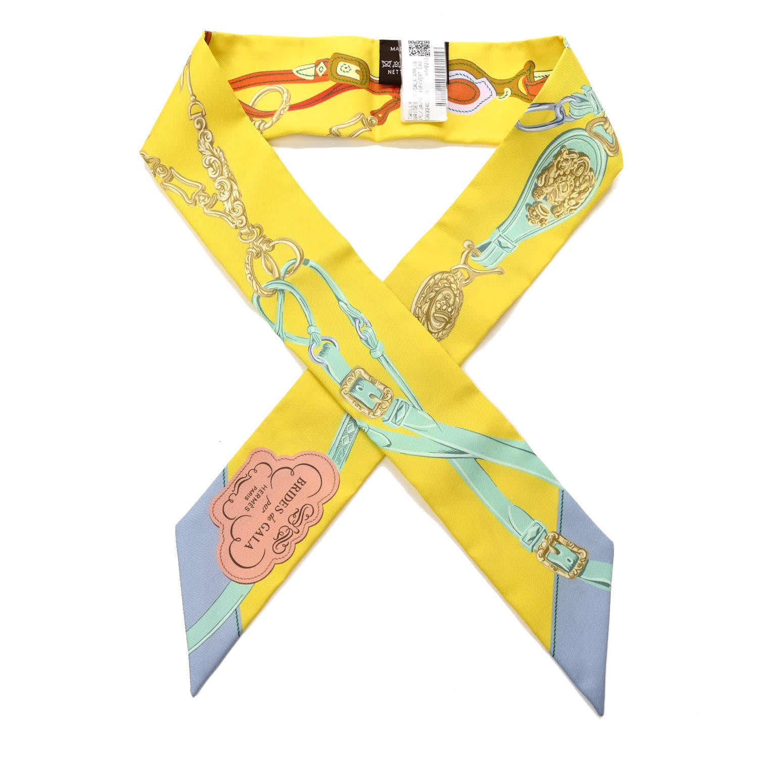 Hermes Silk Brides de Gala Applique Pique Twilly Jaune Vif Vert D'eau Bronze 1 of 4